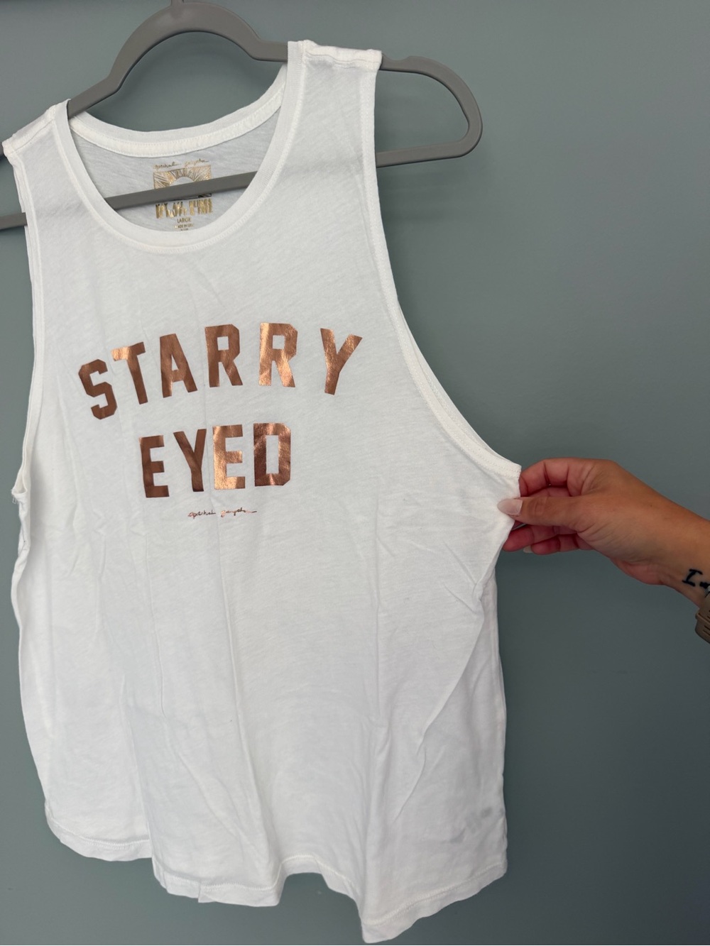 Spiritual Gangster "Starry Eyed" White Rose Gold Graphic Muscle Tank Top - Picture 7 of 15
